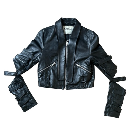 Nasty Gal Collection Cropped Black Leather Jacket Sleeve Cutout Black Size S - Picture 1 of 15